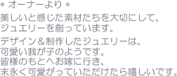 オーナーより　美しいと感じた素材たちを大切にして、ジュエリーを創っています。みなさまのもとへお嫁に行き、末永く可愛がっていただけたら、とてもうれしく思います